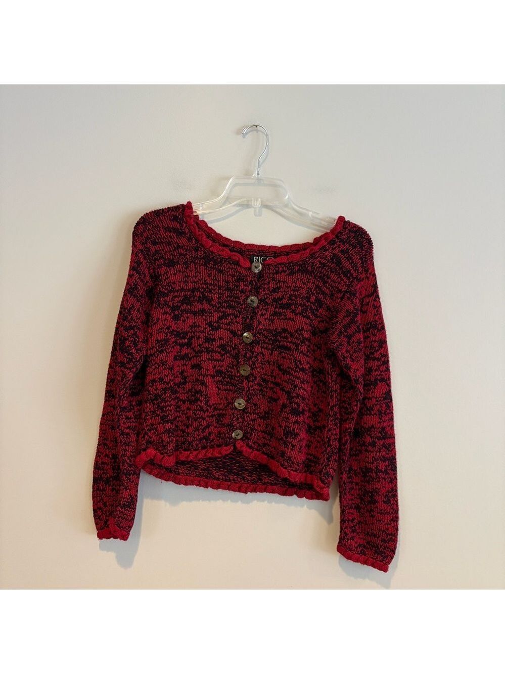 Vintage Rico Cropped Button Cardigan Sweater Red & Black Marled Knit Size M